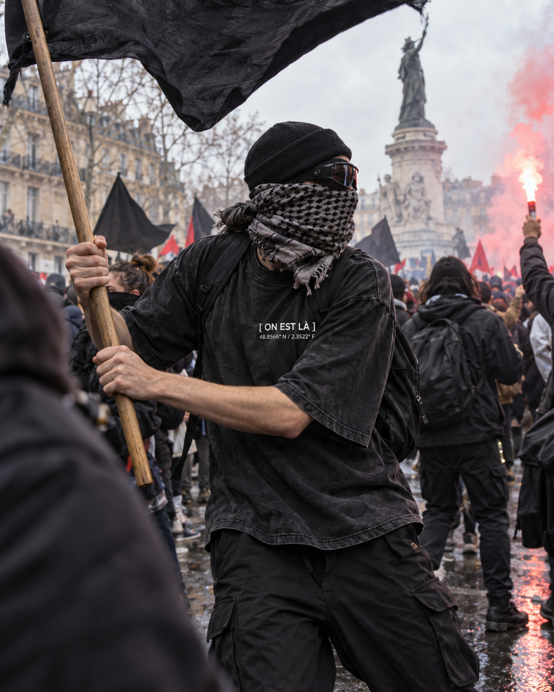 T-shirt ON EST LÀ porté dans un éditorial parisien